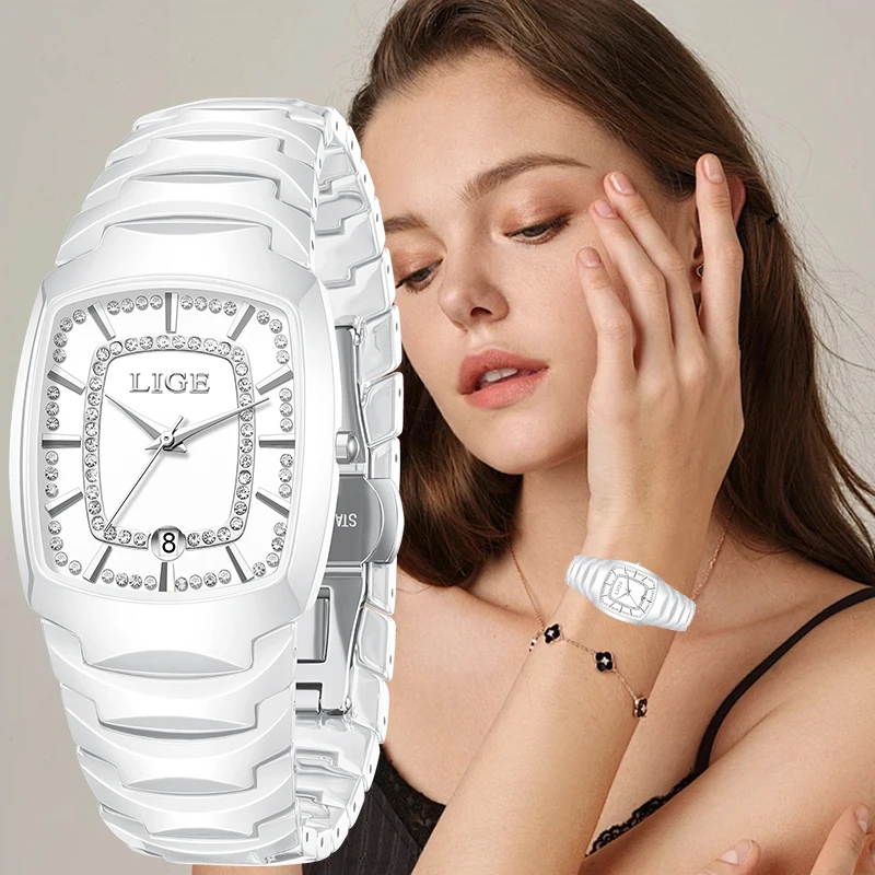 

LIGE Роскошные элегантные модные кварцевые часы для женщин с керамическим ремешком, простые повседневные водонепроницаемые наручные часы с автоматической датой для женщин, подарки