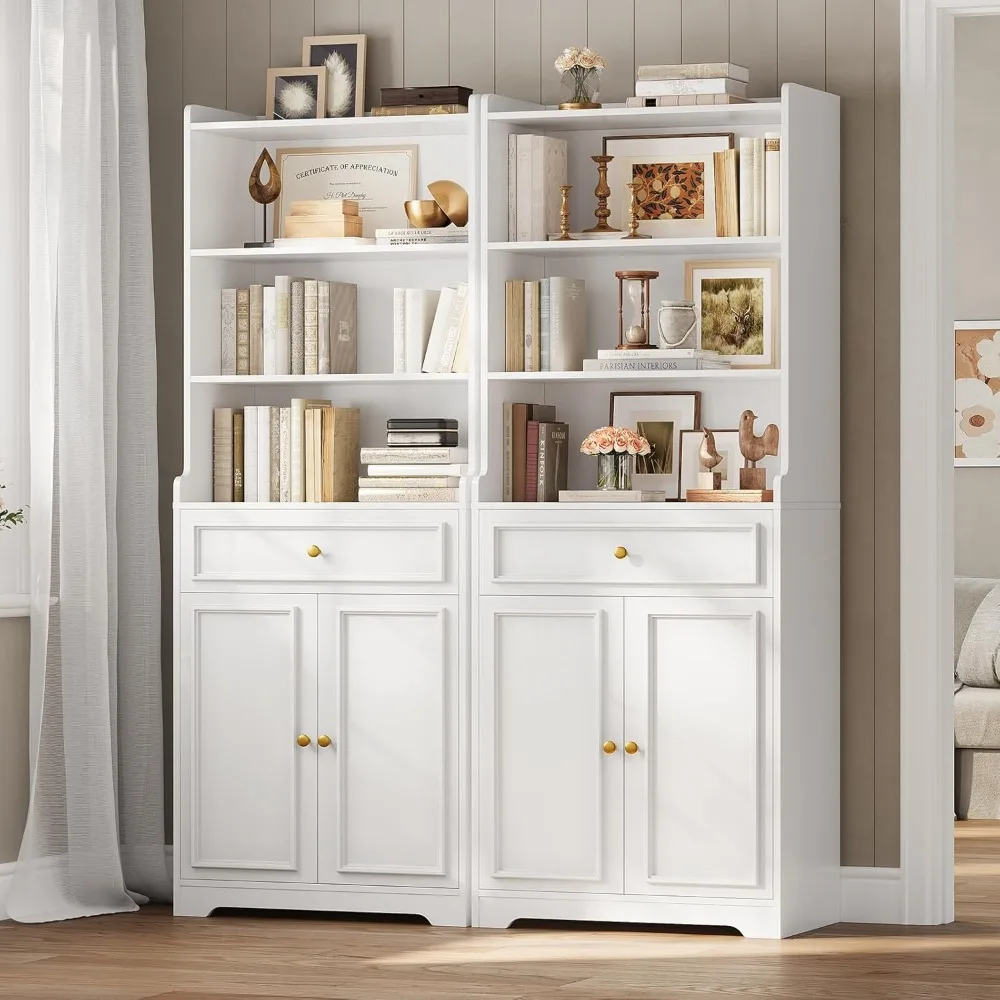 أرفف كتب وخزانة كتب بأبواب وأدراج وأرفف، رف كتب طويل 73 بوصة مع مساحة تخزين، كتب قائمة على الأرض مكونة من 7 طبقات