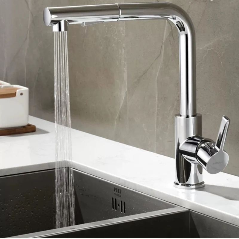 Solid Brass Pull-Out Kitchen Faucet, Splash-Proof Hot & Cold Water Mixer, 360° Rotating Swivel Tap for Sink, Anti-Leak Durable