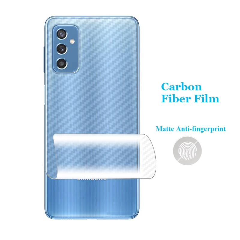 Para Samsung Galaxy M02 M02s M12 M22 M32 M42 M52 M62 Protector de pantalla adhesivo de película trasera de fibra de carbono transparente 3D (no de vidrio)