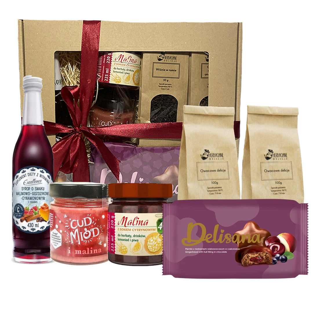ZESTAW PREZENTOWY Pierniki Miód Herbata Syrop zimowy ŚWIĘTA