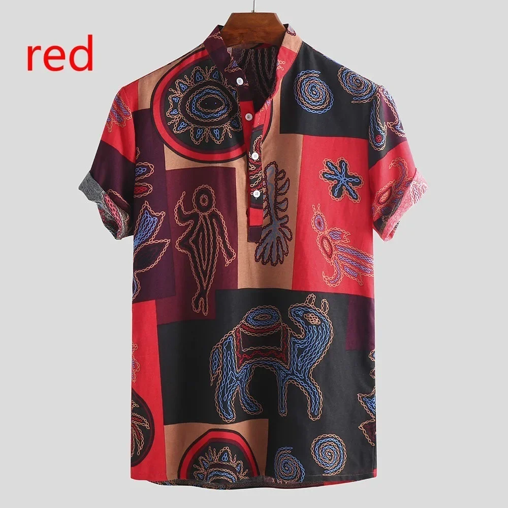 Summer Men Ethnic Tribal Elephant Print Short Sleeve Shirt Vintage Casual Lapel Button Down Beach Hawaiian Holiday Streetwear To