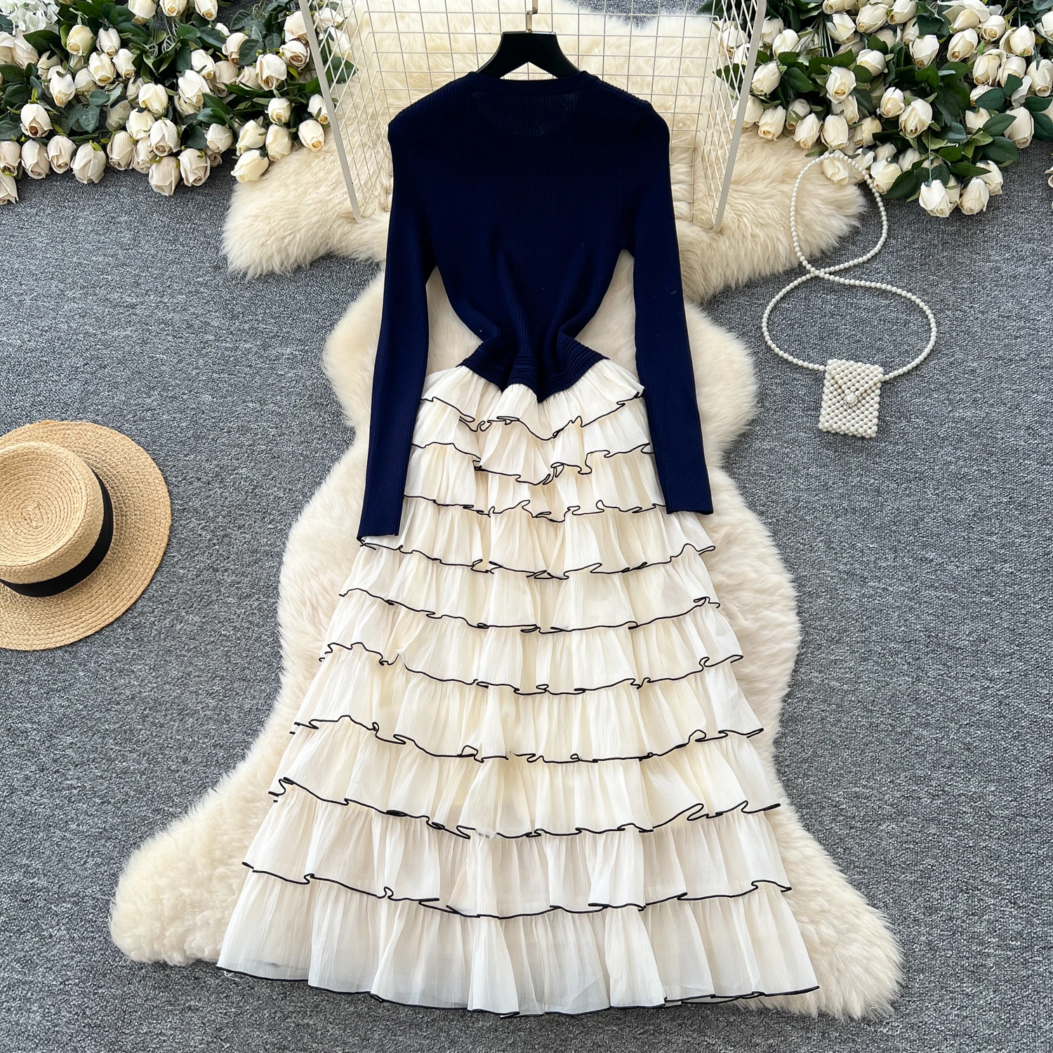 Abiti lunghi floreali a strati eleganti in maglia chic Abiti da sera francesi High Street autunno inverno abbigliamento donna