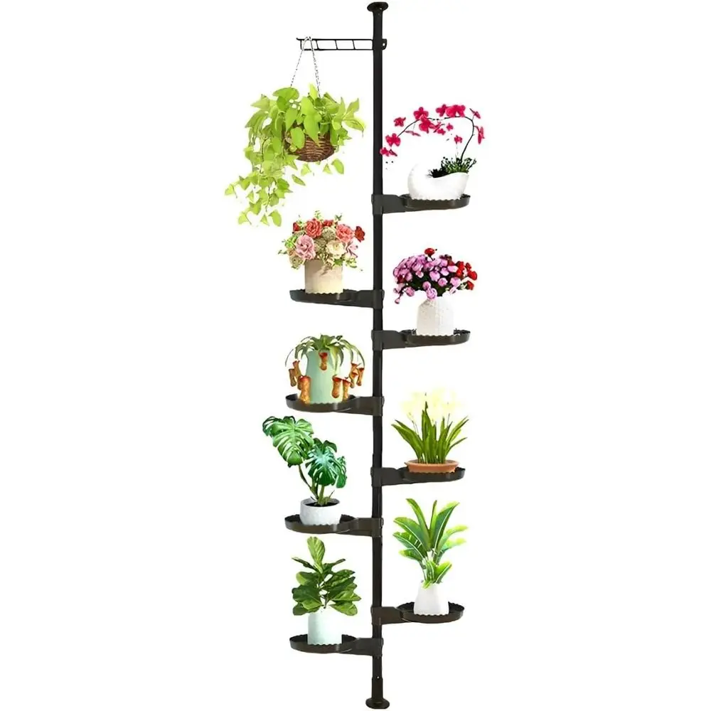 

Adjustable Ceiling-to-Floor Plant Pole with Double Tension Rods for Pot Storage and Display Rack (Black)
