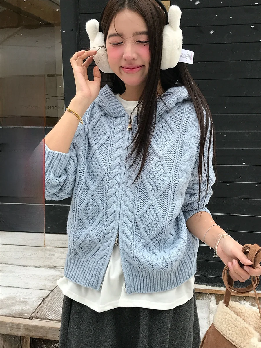 

Soft Cozy Women's Knitted Zipper Hoodie Sweater Outerwear e Pattern Double Zipper Open Cardigan Autumn Winter Faion