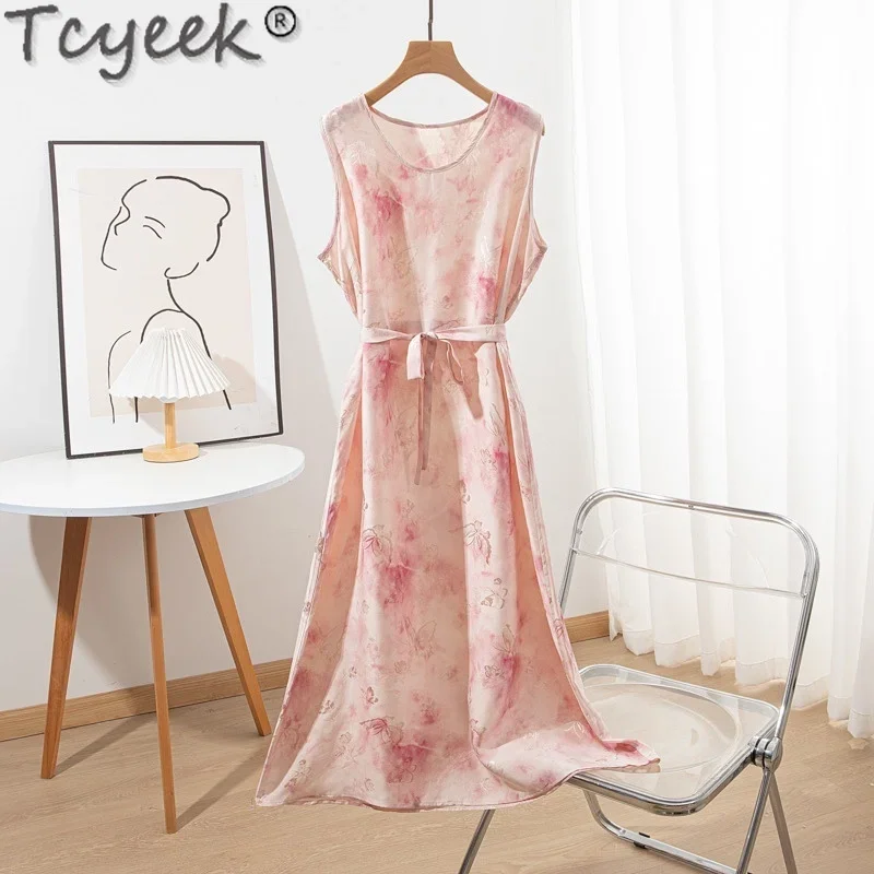 

Tcyeek 100% Real Mulberry Silk Dress Women Summer Clothes Long Dress 2024 Elegant Women's Dresses Sleeveless Vestidos De Mujer