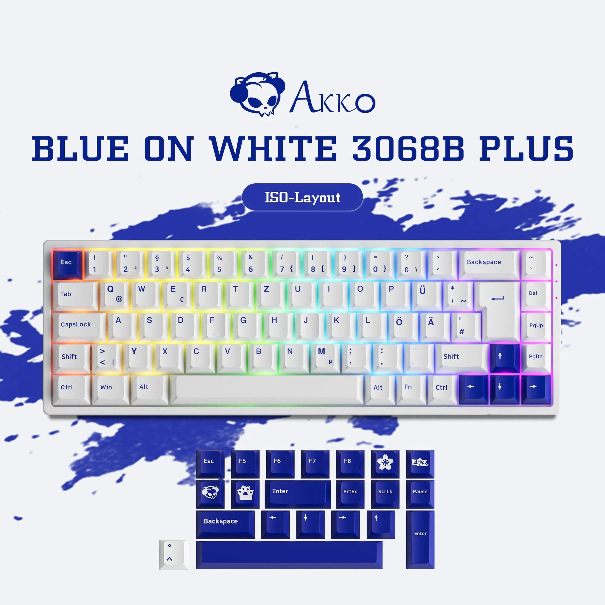 Imagem -02 - Akko 3068b Mais Azul no Branco Personalizado sem Fio de uk Nordic Layout Mecânico Gaming Keyboar Iso Rgb Quente-swap bt 5.0 2.4ghz Usb-c