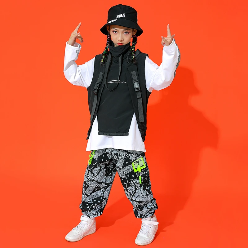 Nieuwe Kids Hiphop Dance Kostuum Jongens Meisjes Jazz Performance Kleding Zwart Vest Print Broek Losse Street Dance Kleding Bl7224