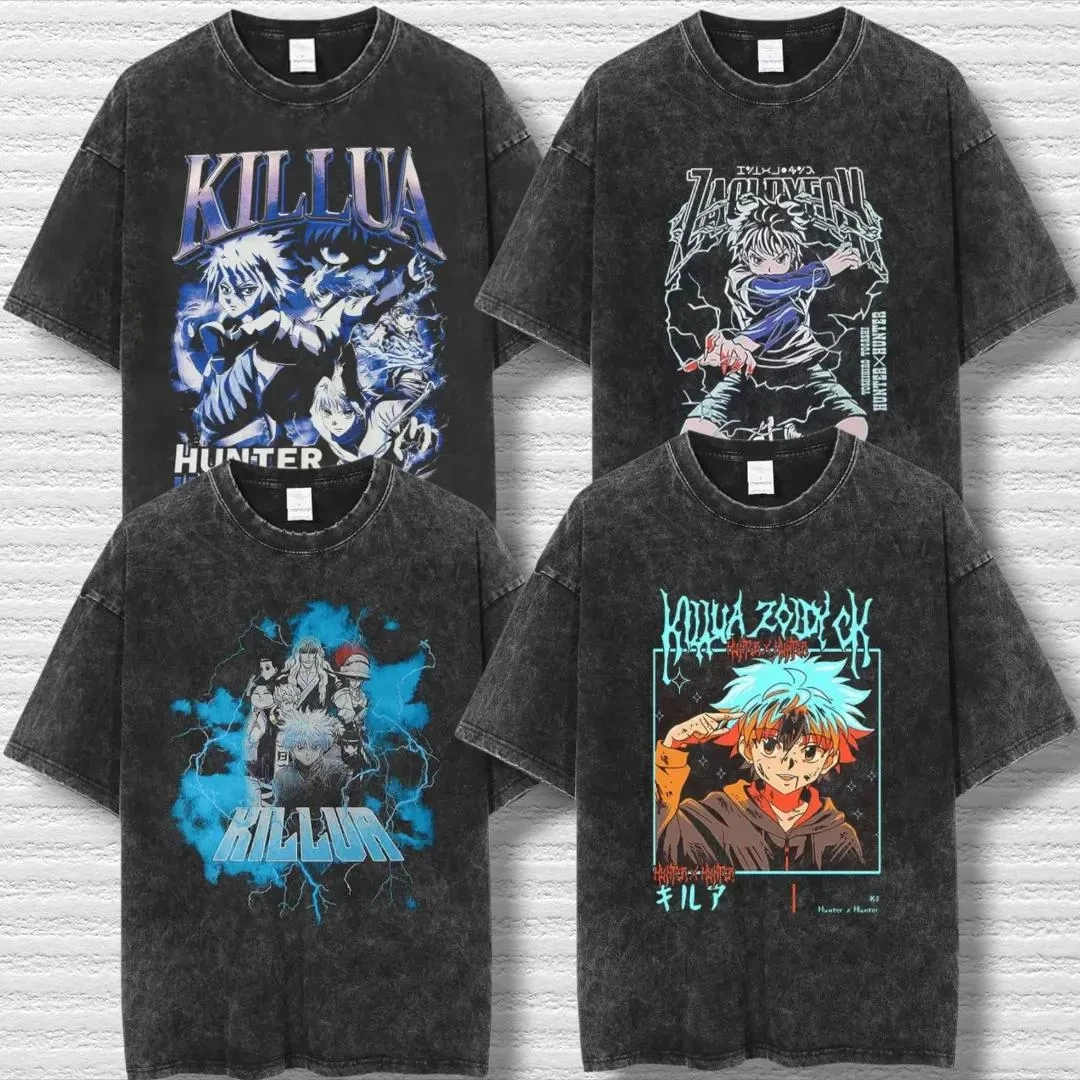 

Винтажная футболка большого размера Killua Hunter X Hunter в стиле аниме, футболки с короткими рукавами для пар, мужчин и женщин, уличная одежда, повседневные топы унисекс
