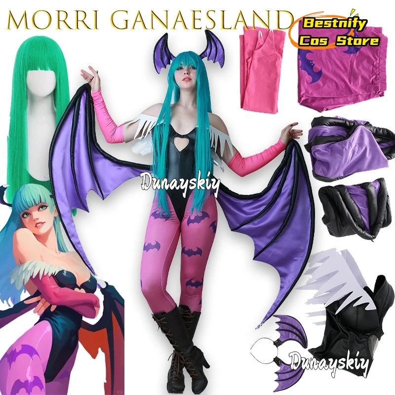 أزياء BMiccos Game Tumes النسائية على شكل قلب مجوف من Morrigan أزياء تنكرية مع أجنحة طماق Darkstalkers Succubus{Bestnify Cos}