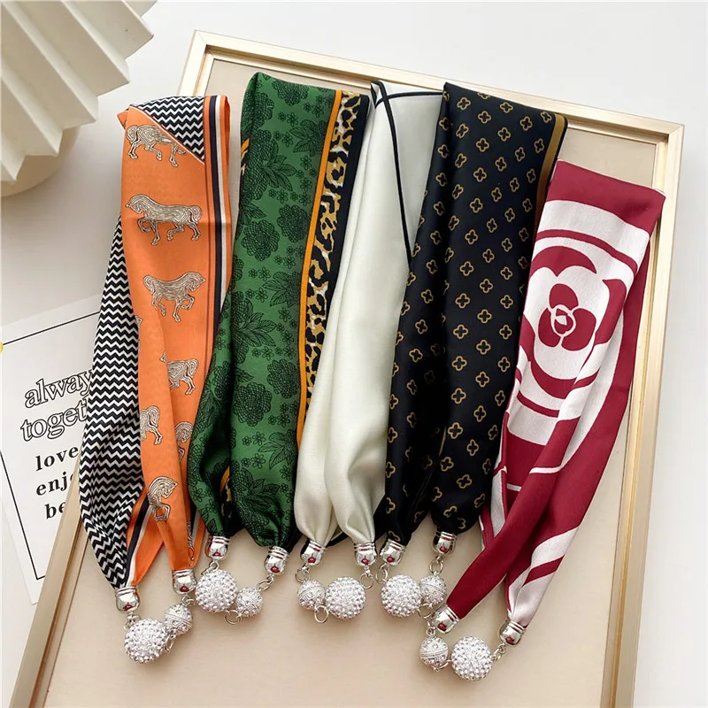 Fashion Print Scarf Necklace Scarves Women Ring Neckerchief Magnetic Buckle Ribbon Neck Clavicle Choker Headband Decoration