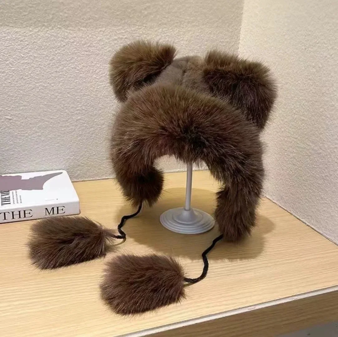 Neue Plüsch Niedliche Kleine Bär Ohr Hut Fuchs Pelz Hut Verdickt Ohr Schutz Schnee Hut frauen Plüsch Kleine Bär hut Mode Vielseitig – Detail 7