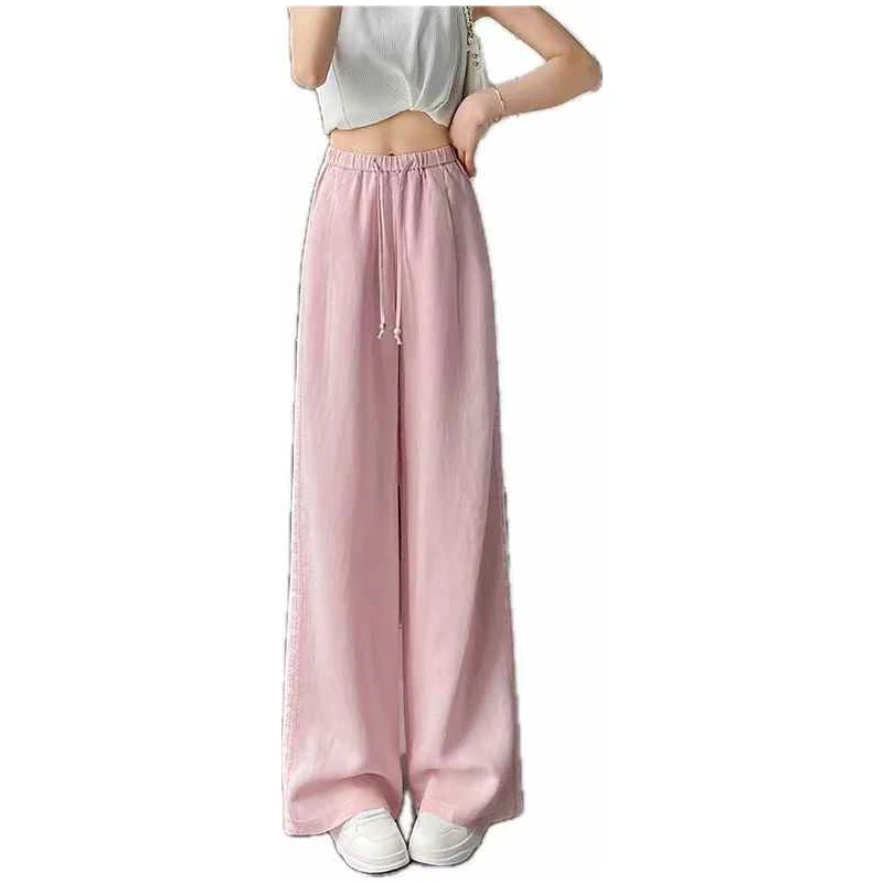 2025 Summer New Ice Silk Linen Wide Leg Pants for Women Comfortable Thin High Waist Yamamoto Pants Casual Lace Splicing Pants