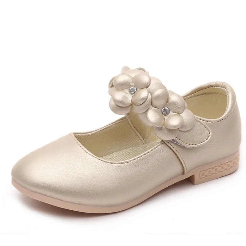 Zapatos de boda para niños, calzado de cuero con lazo para niña, color dorado, rosa y blanco, para primavera y otoño, zapatos planos con flores,