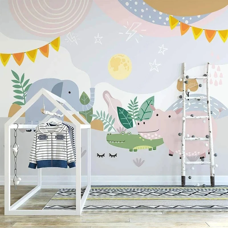 

Custom Photo Wallpaper Nordic Hand-painted 3D Cartoon Animal Cloud Starry Sky Mural Children's Room Background Wall Painting