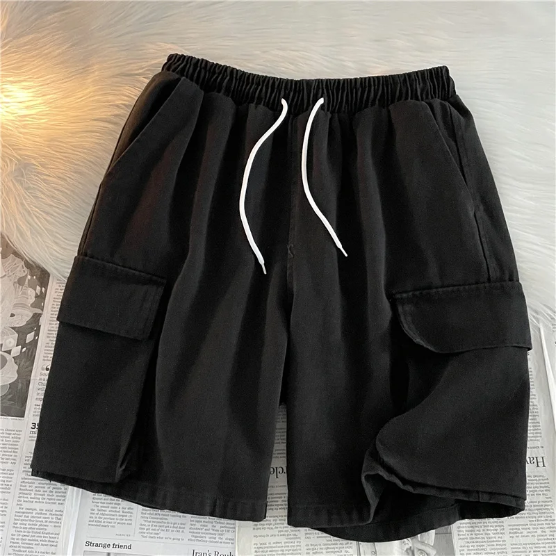 

Men Safari Style Denim Shorts Solid Color Summer Large Pocket Knee-length Jeans Casual Fashion Versatile Basic Loose shorts
