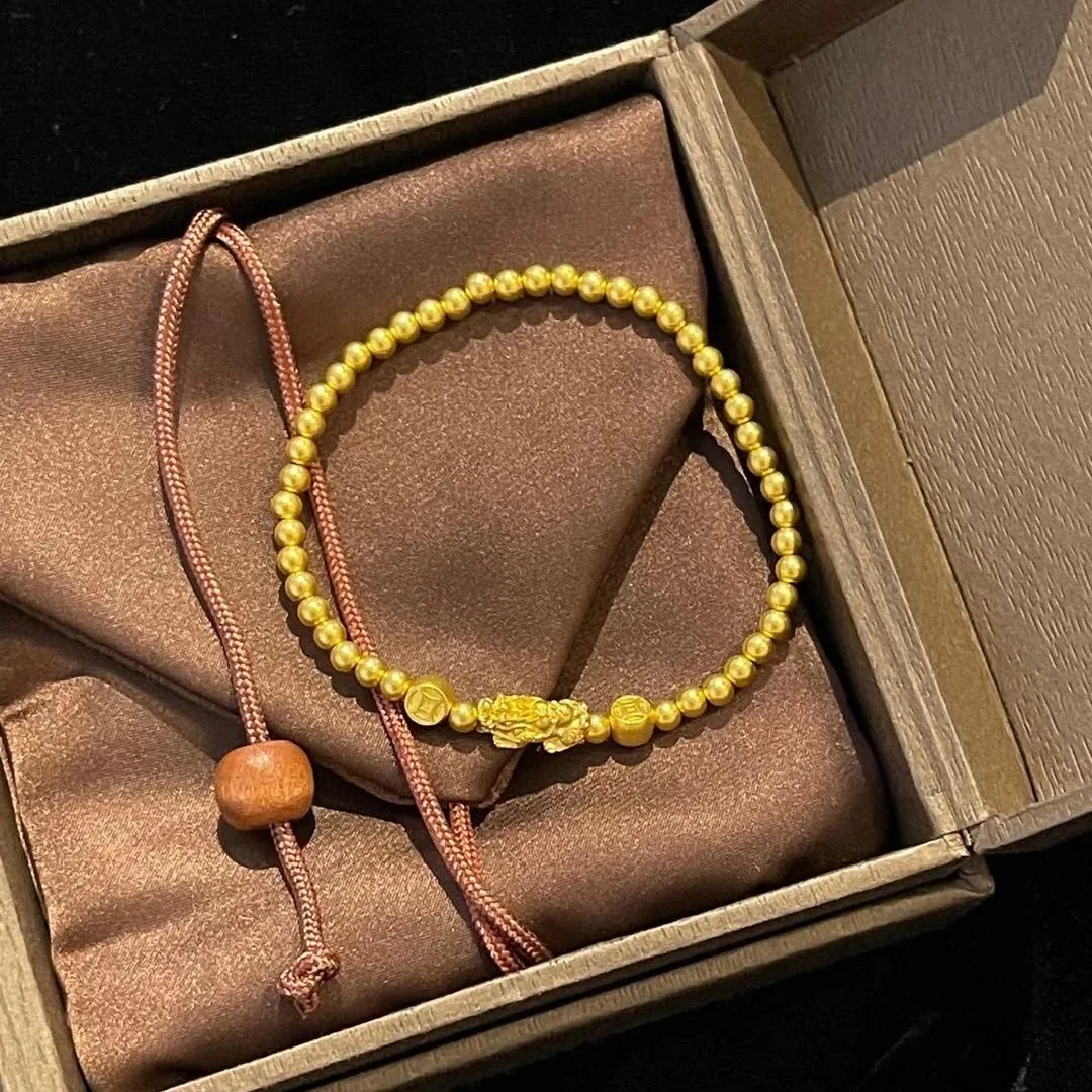 سوار نسائي من الذهب عيار 24 قيراط |   قابض Pixiu ثلاثي الأبعاد مزدوج - عملات معدنية، سحابة - سلسلة منقوشة، ذهبي صلب، جريئة وعين - اصطياد