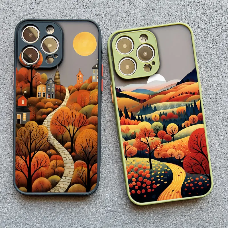 Leaves Autumn Forest House Phone Case for iPhone 12 13 Mini 11 14 15 16 Plus Pro Max 7 8 SE 2020 X XS XR Protective Phone Cover