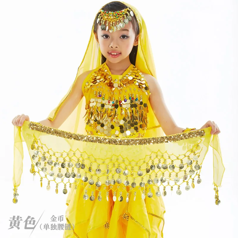 Customized Children's Chiffon Belly Dance Belt Waist Chain with 3 Rows of Bright Slices and Chain Edges Indian Hip Towel Belt