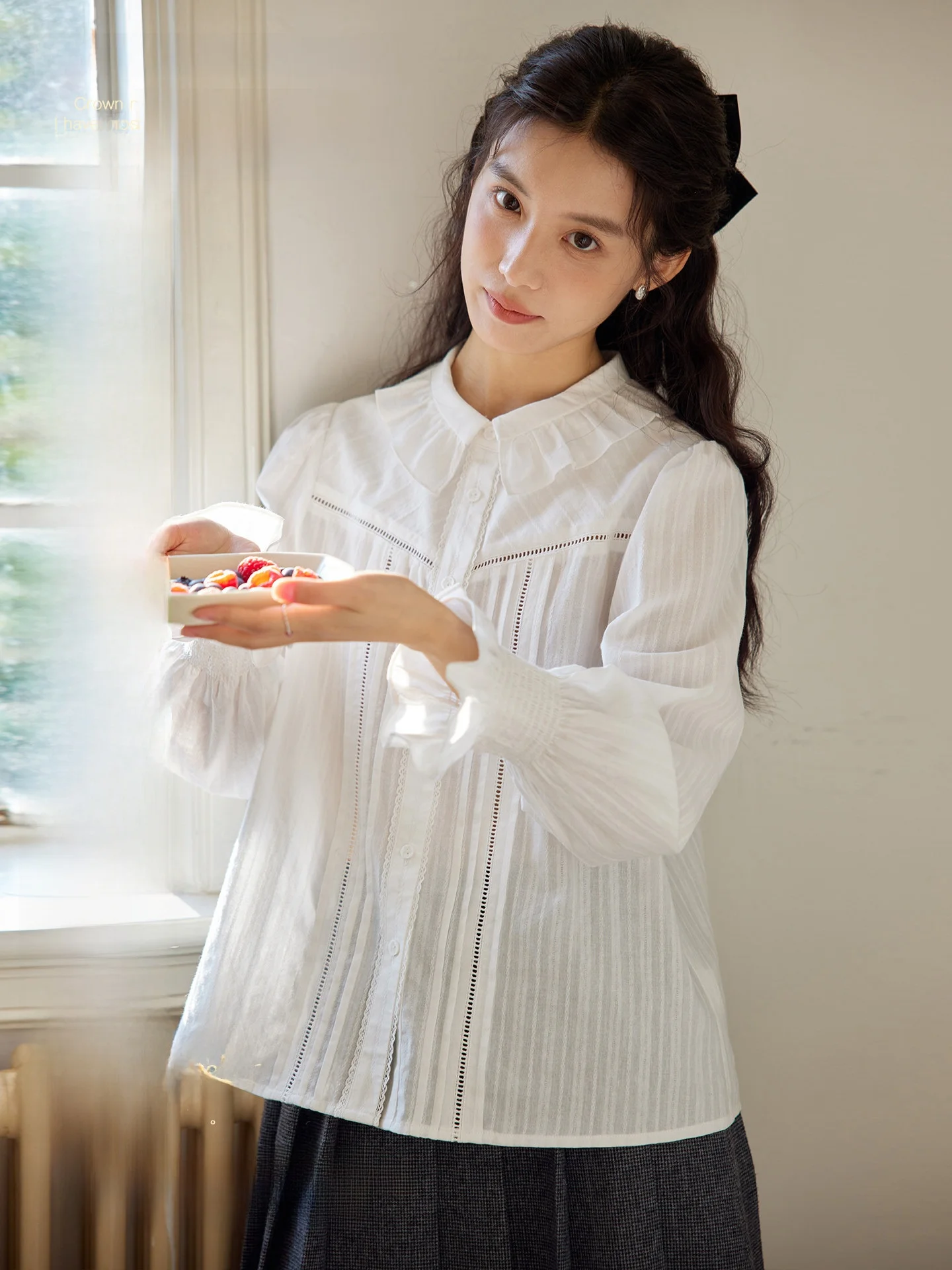 

Женская хлопковая блузка Nov Et French Sle с длинным рукавом, кружевным воротником, сложной отделкой, для повседневной носки, свободного кроя, дышащая