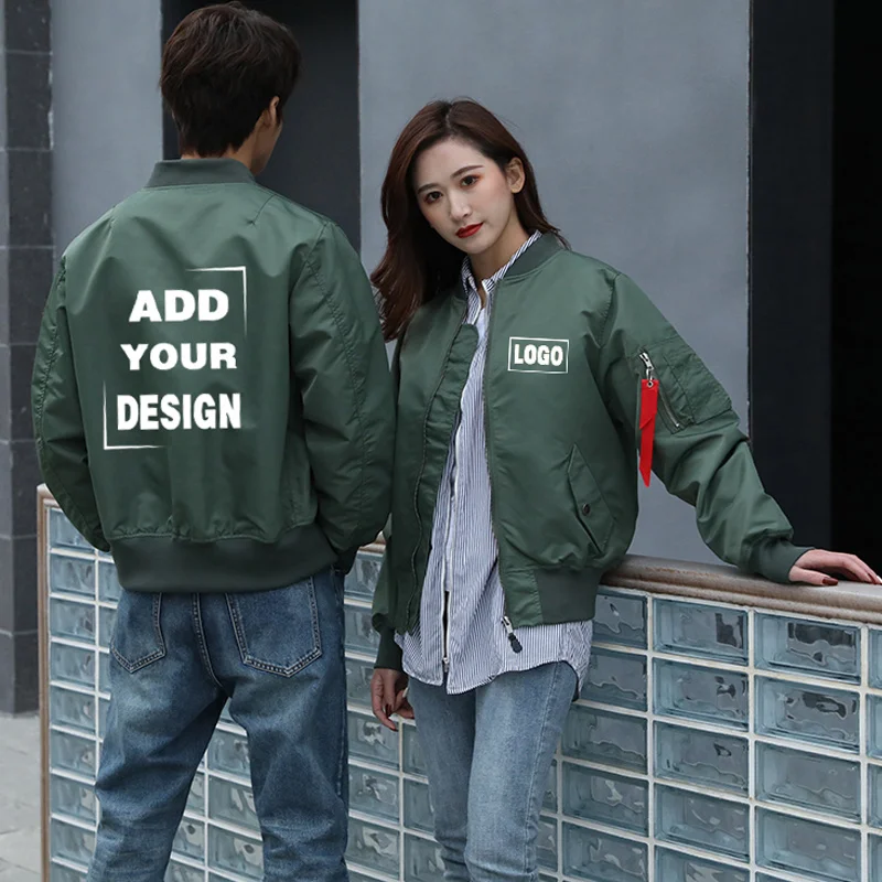 

Winter military jacket Men Custom Embroidery Text print MA1 Flight Army Green Bomber Coat Thick varsity reflective