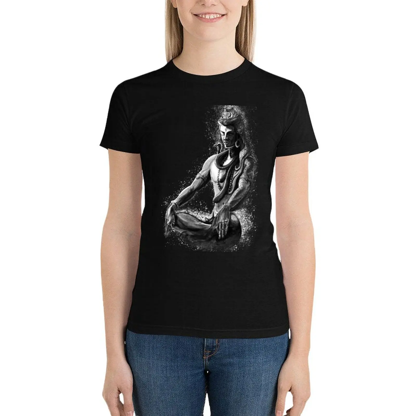 

Majestic lord Shiva in Eternal meditation - Black and white T-Shirt shirts graphic tees summer top plain t shirts for Women