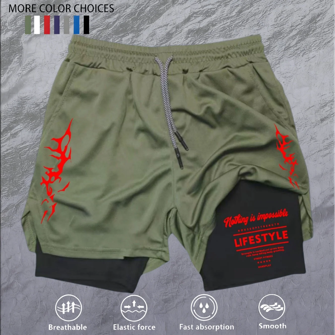 Print 2 in 1 Running Workout Shorts for Men Gym Performance Compression Shorts with Phone Pocket Towel Loop Athletic Activewear