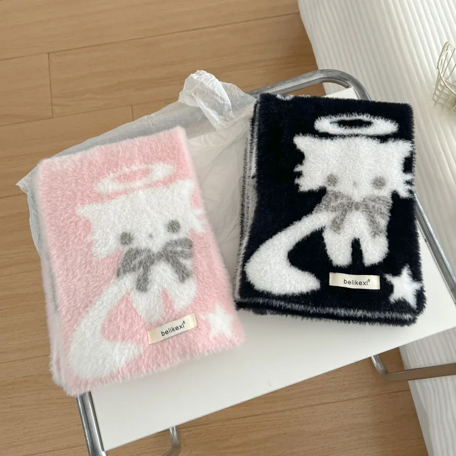 Cartoon Angel Cat Soft Pink Scarf Women Winter Warm Trendy Couple Neck Wrap Fashion Accessory