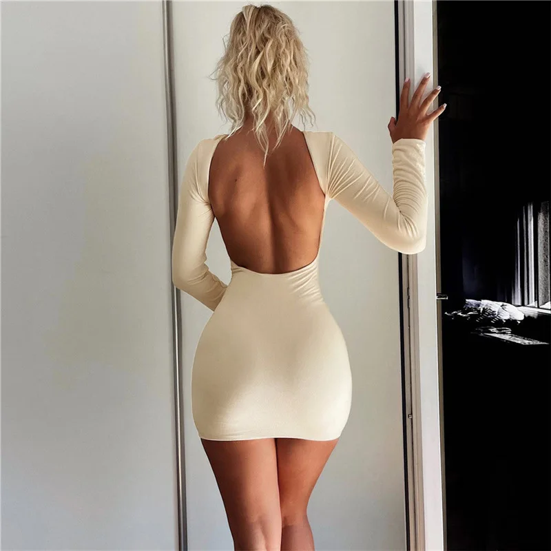 Cryptographic Autumn Fashion Sexy Open Back Solid Slinky Mini Dress Club Party Outfits Long Sleeve Round Neck Bodycon Dresses