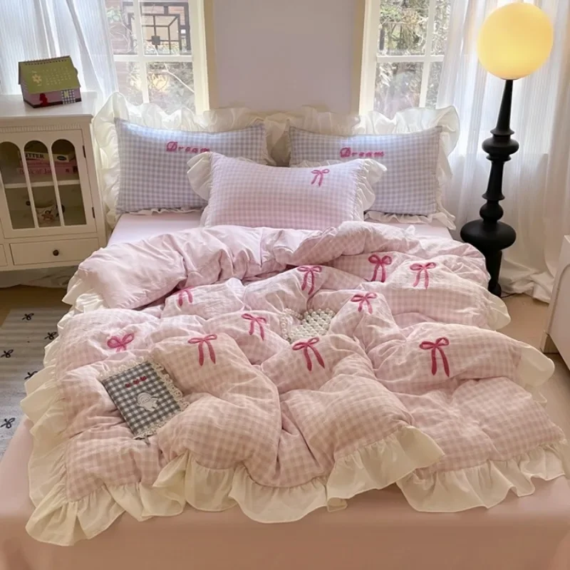 Spring and summer new Korean lace bow four-piece princess style lace washed cotton girl heart pink 2