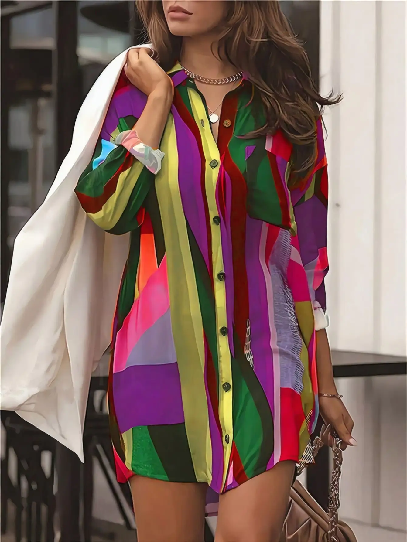 

Women's Casual Plus SIze 1XL-5XL Colorful Geometric Printed Shirt Front Button Beach Vacation Bikini Outfit Long Sleeved Shirt