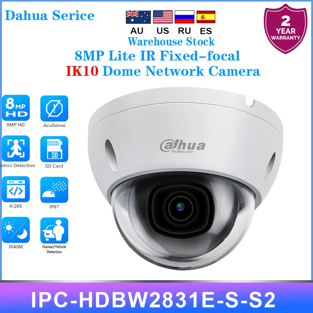 Dahua Serice IPC-HDBW2831E-S-S2 4K 8MP IP Camera Built-in SD Card Slot IR 30M IVS WDR IK10 POE Starlight Dome Network Camera