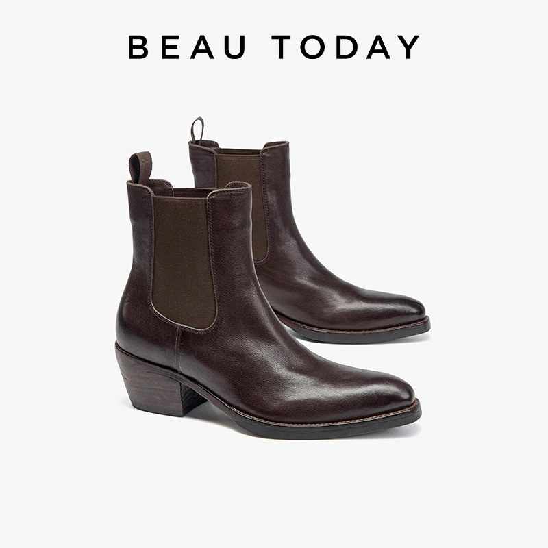 BEAUTODAY, botas Chelsea para mujer, botines Retro de cuero de caballo, zapatos de tacón alto con banda elástica y punta encerada hechos a mano 03964