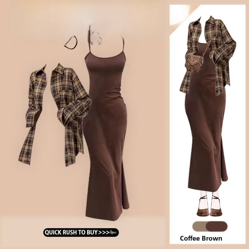 

Early Autumn American Retro Plaid Loose irt Coat Women's Mature Sle Wrap around Fi Tail Dr Two Piece Set