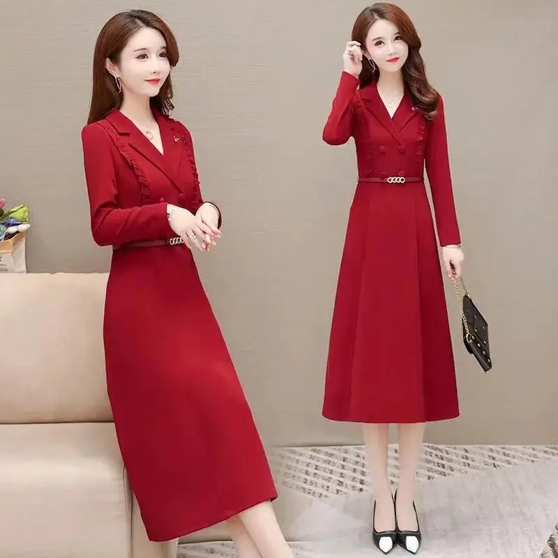 Temperament Solid Color Long Sleeve Casual Dresses Buttons 2023 New Office Lady Dresses Temperament Fashion Women\'s Clothing