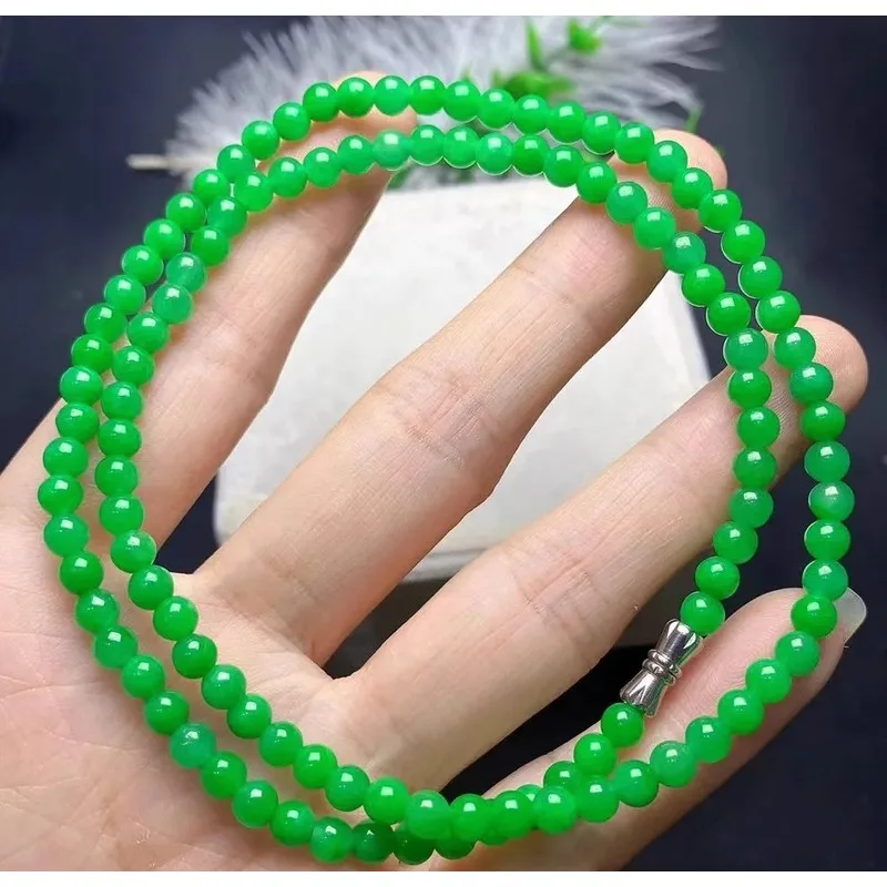 Myanmar Imperial Green Ice Jadeite Bracelet Bead Chain Natural Pendant Sun Green Bead Necklace4mmMillet bead necklace