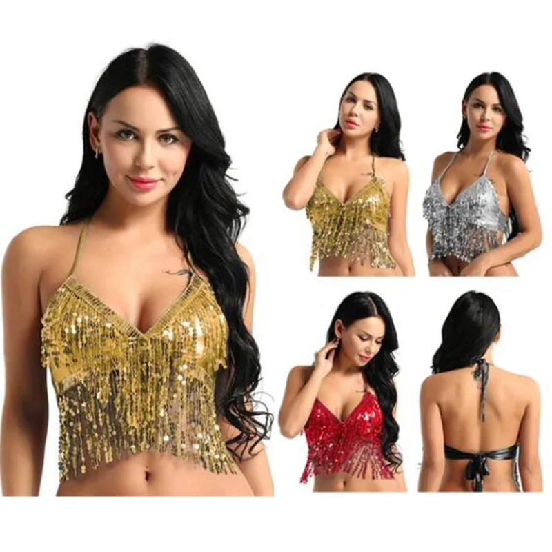 Women Belly Dance Costume Sequin Bras Tassel Top Party Festival Club Wear Bra Night Club Stage Sequined Fringed Holiday Clothes