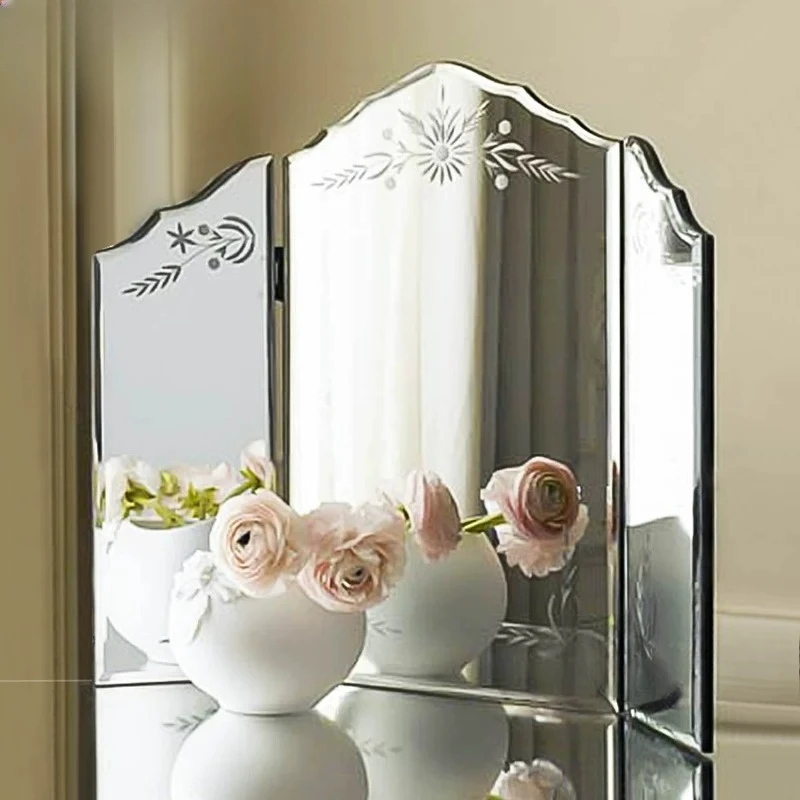 Modern Bevelled Edge Glass Makeup Mirror Venetian Tabletop Trifold Dressing Cosmetic Make Up Mirror Triple Decoration Mirror