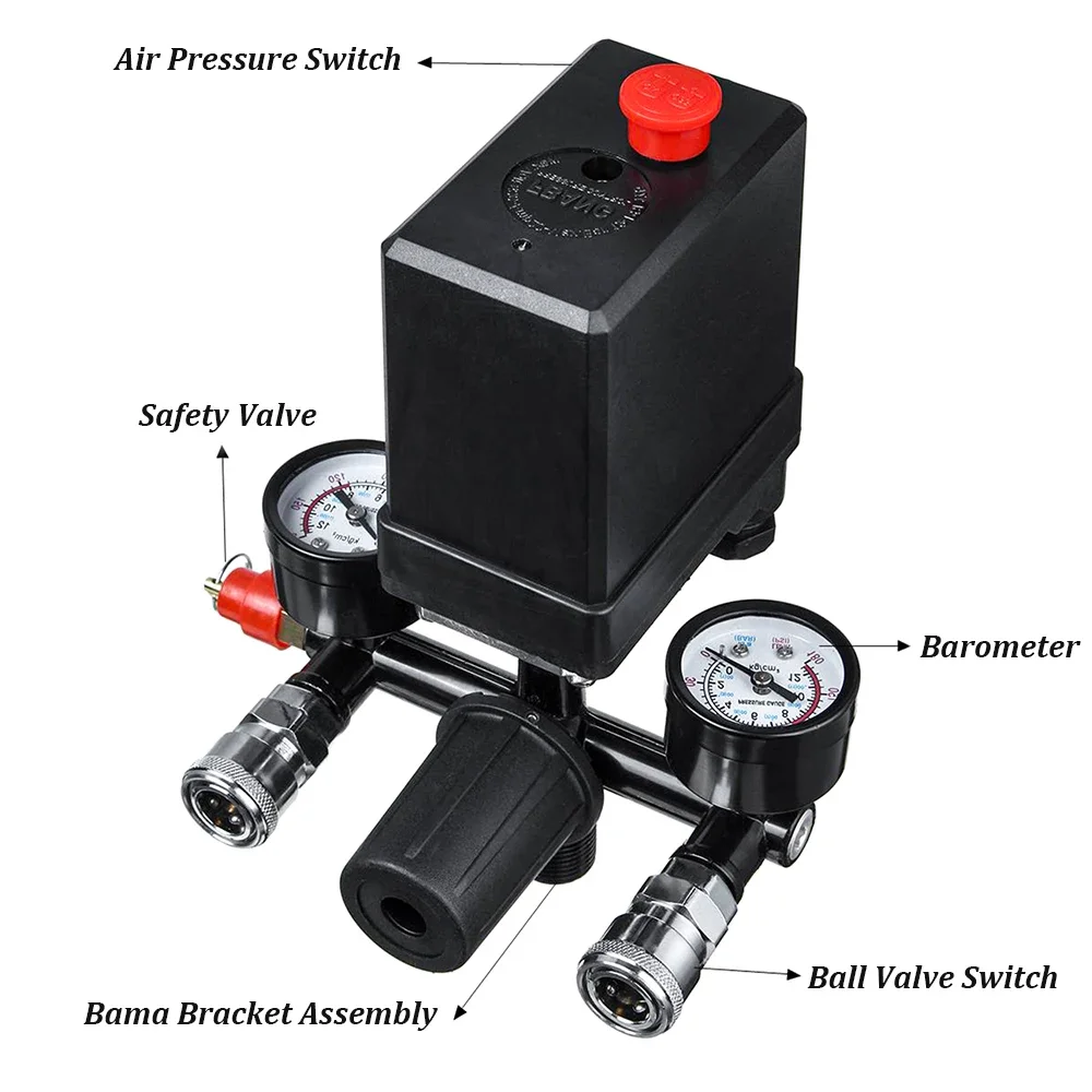 스위치 매니폴드 압력 조절기 포함 올 블랙 브래킷, 4 포트 공기 압축기, 알루미늄 합금 안전 압력 밸브, 220V, 380V