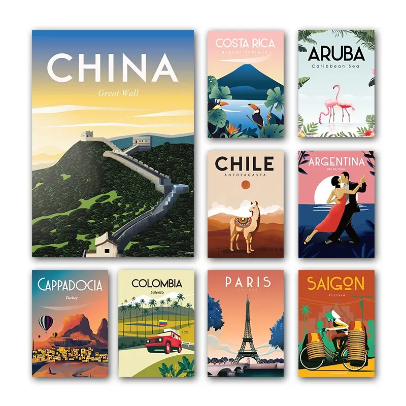 Винтажные холщовые постеры с городской пейзажем из Парижа, Пекина, Сантьяго, без рамы для домашнего декора, настенное искусство