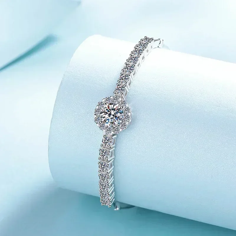 Sparkling Real 2.4ct D Color Moissanite Bracelets for Women, Elegant Platinum PT950 Chain Hand Make Classic Gift for Girlfriend
