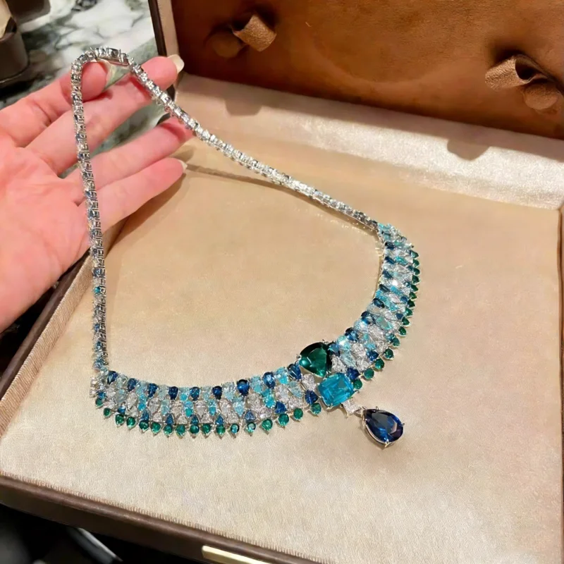 BELLUX Deep Sea Aurora Fantasy Blues Artificial Aquamarine Gradient Sapphire Banquet Fine Necklace S925 Silver Gold Plated