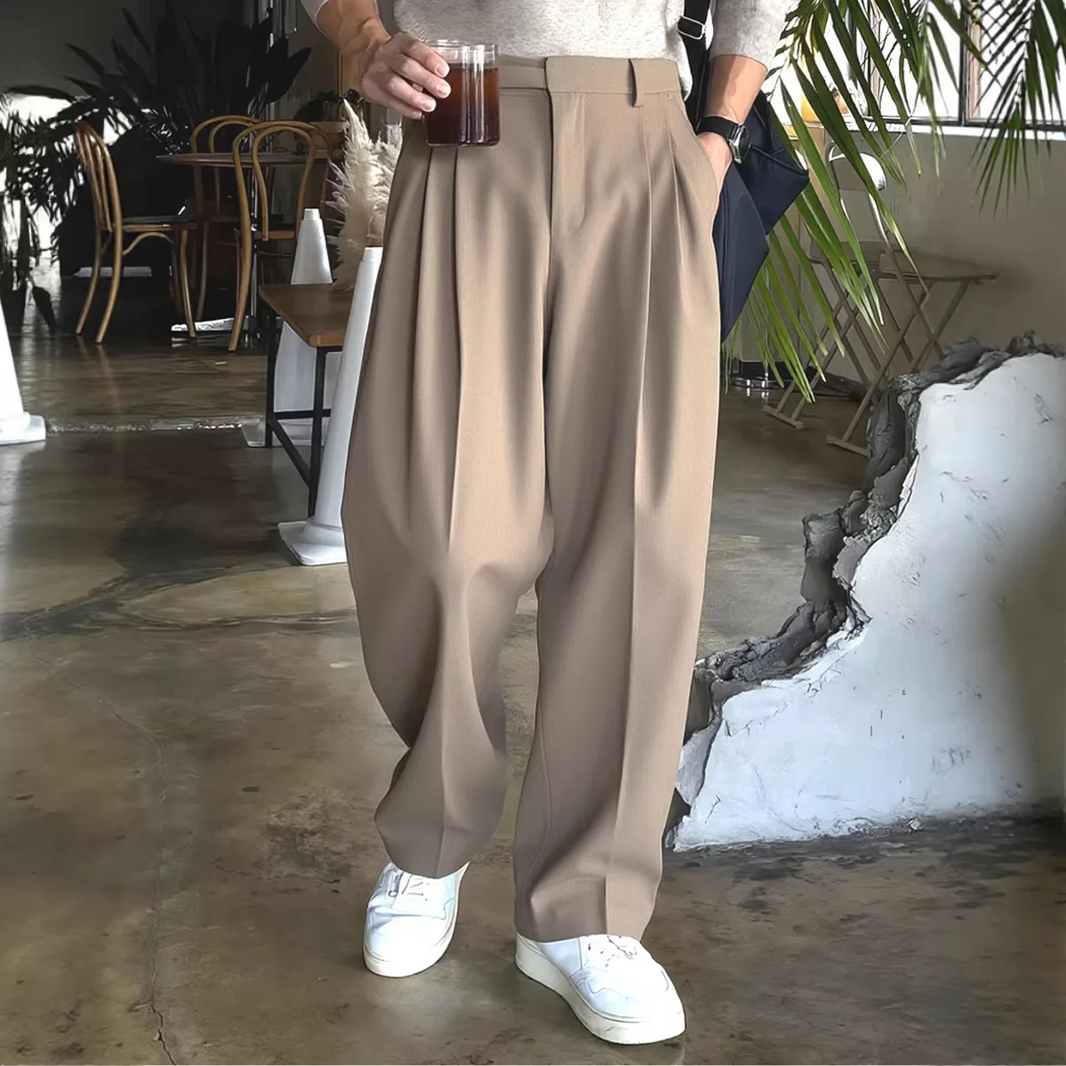 

Парижские повседневные мужские рабочие брюки без глажки, свободного прямого кроя, с высокой талией, длинные, в стиле ретро, для образа благородного джентльмена