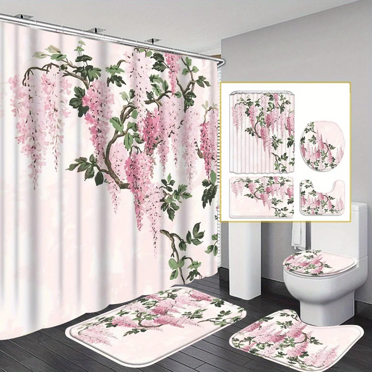 

4-piece cartoon character shower curtain set - shower curtain with hooks, comes with non-slip rug, toilet mat and U-shaped mat