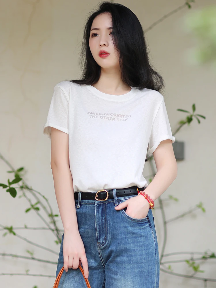 

Pure Color Linen Hollow out Short Sleeve round Neck T-Shirt Women's Slim Fit Casual Top Comfortable Breathable Summer Shirt