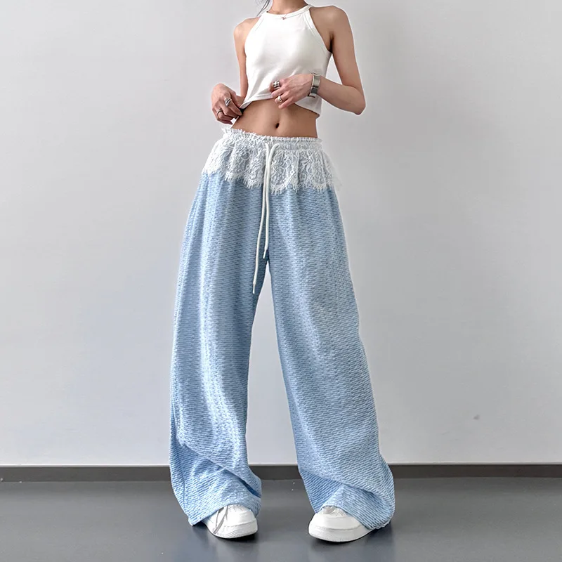 2025 春夏の新弾性ウエストスプライシングレースデザインワイドレッグカジュアルパンツ女性ショー長い脚