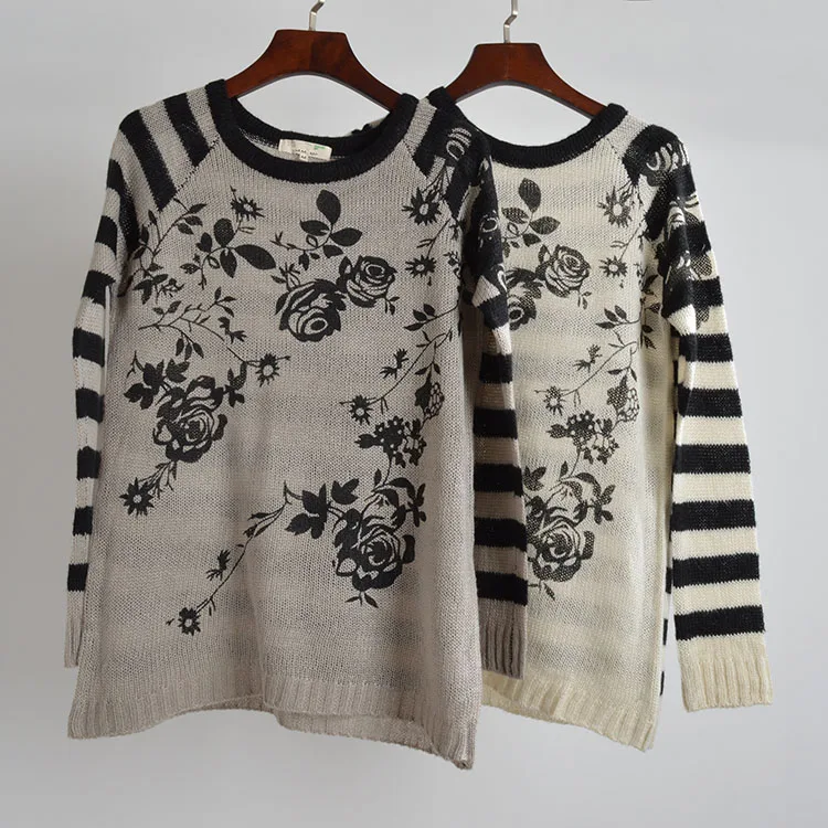 

Retro Rose Print round Ne Knitted Sweater Long Sve Loose Slimming Striped Top for Women Autumn Winter New Sle