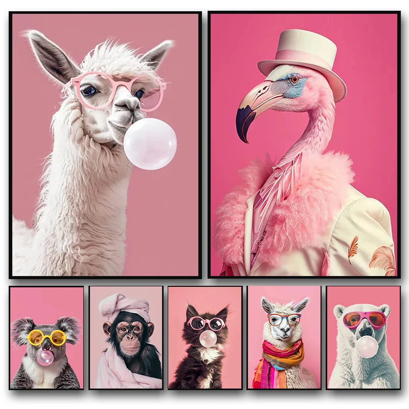 Pósteres rosas divertidos y bonitos de animales con burbujas para fiesta, carteles de discoteca, gatito, Llama, Koala, impresiones en lienzo, imagen artística de pared para decoración del hogar y habitación