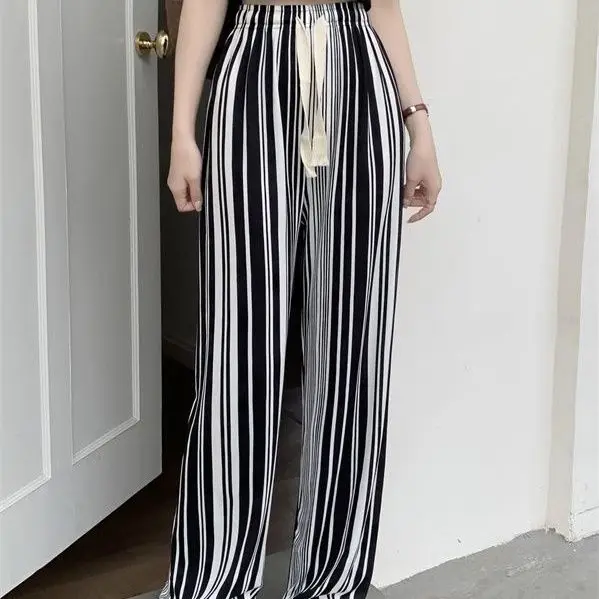Ice Silk High Waist Wide Leg Pants Vertical Stripes Thin Summer Casual Loose Fit Floor Length Slimming Style Ladies Trousers
