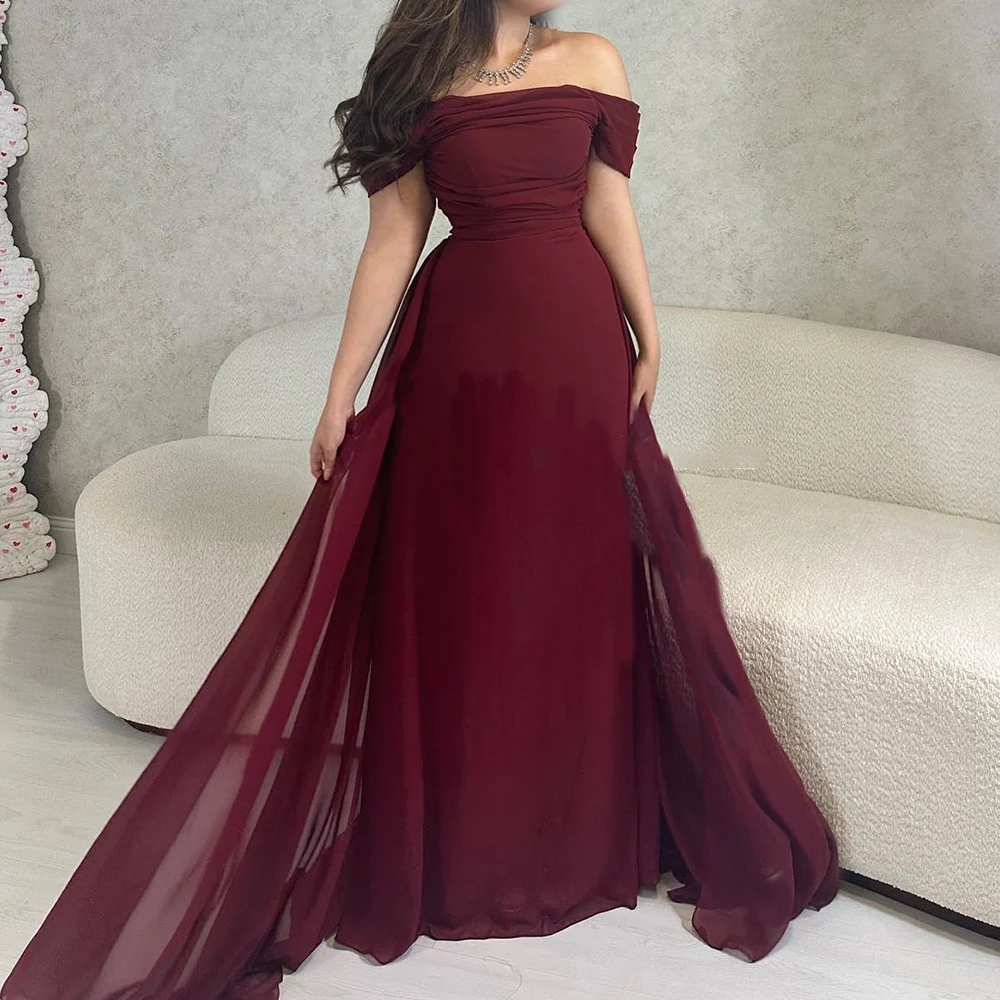 

Burgundy Chiffon Off the Shoulder Evening Dresses Classic and Formal Strapless Sheath Sweep Train Pleats Zipper Back Sleeveless